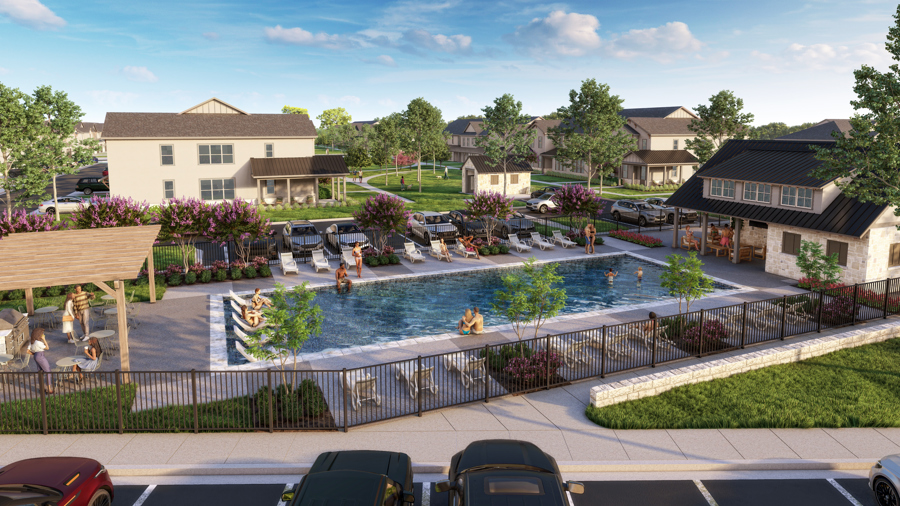 HARMON Melissa rendering of resident pool surrounded by lounge seating in Melissa, TX