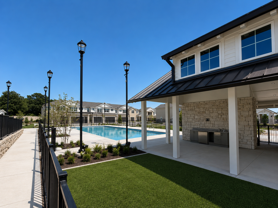 Rendering of open game lawn at HARMON Melissa with townhomes in the background